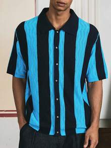 Manfinity VCAY Men's Striped Short Sleeve Single-Breasted Casual Knit Top, For Fall, Winter - Blue - View 1
