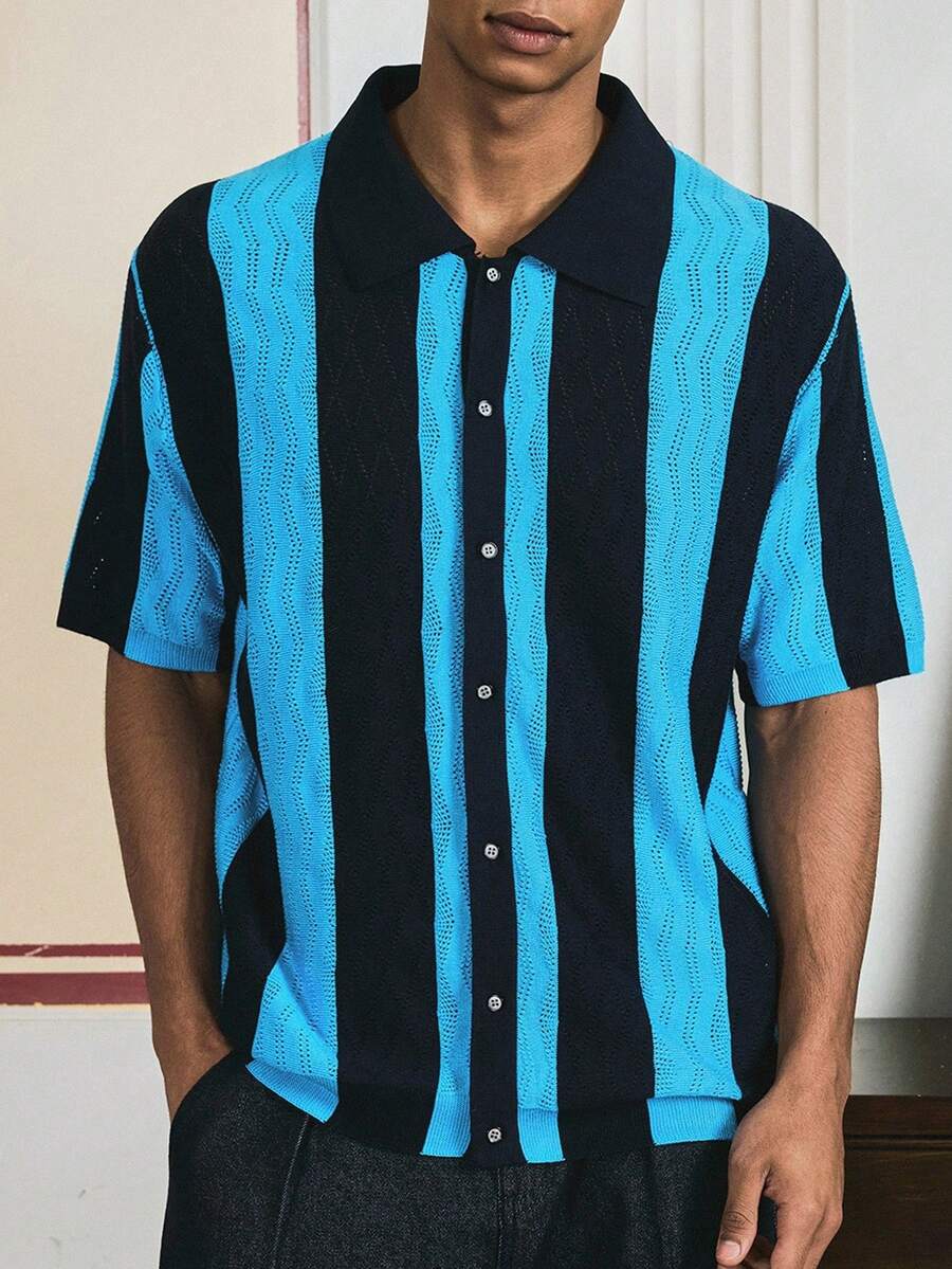 Manfinity VCAY Men's Striped Short Sleeve Single-Breasted Casual Knit Top, For Fall, Winter - Blue - View 1