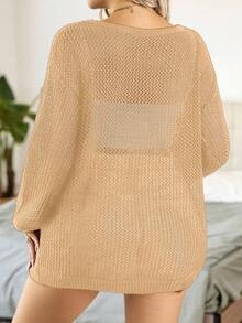 Calvaya Plus Size Solid Color Hollow Out Knit Sweater, Casual For Autumn/Winter - Apricot - View 2