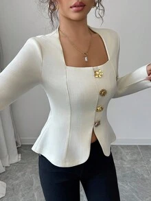 SHEIN Unity 女士优雅通勤法式金属纽扣夹克 - 杏色 - 查看 6