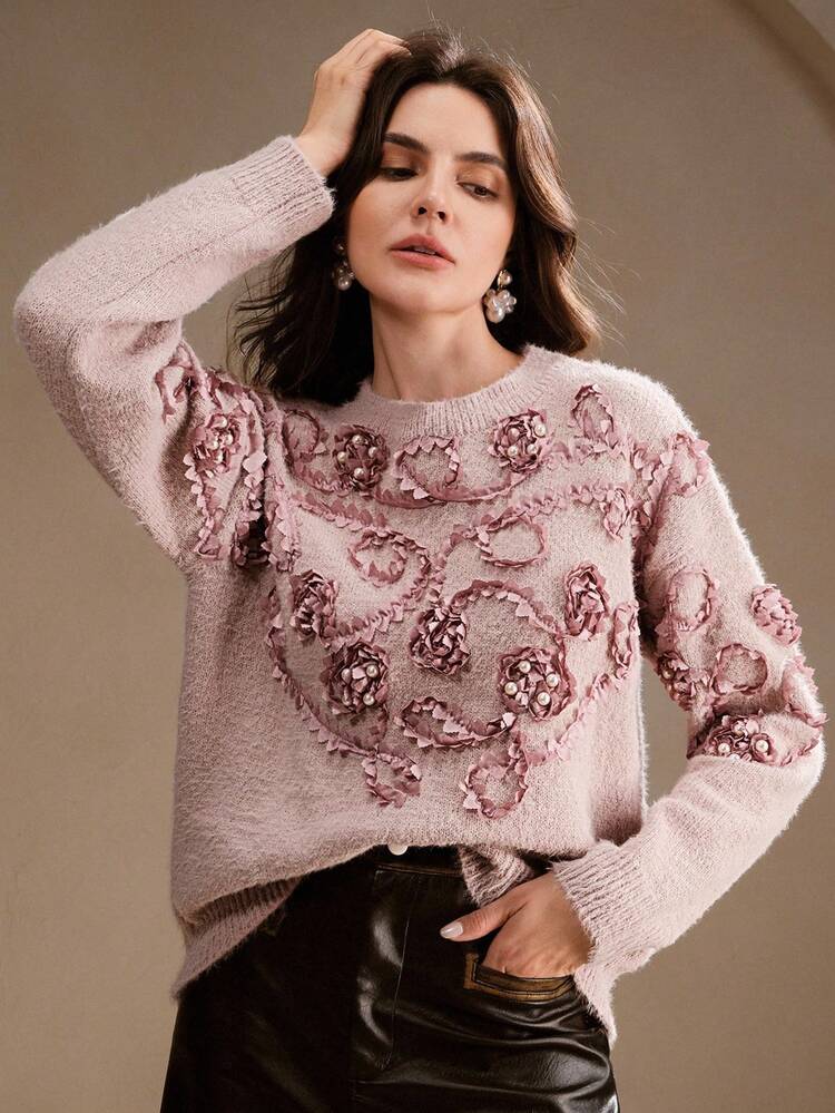Plus Size Women Embellished Floral Knit Long Sleeve Sweater, Elegant For Autumn