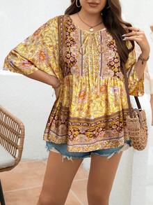 EMERY ROSE Áo Babydoll họa tiết hoa cổ thắt nút tay cánh dơi cho nữ mùa hè thường ngày cỡ lớn - Màu vàng - Xem 3