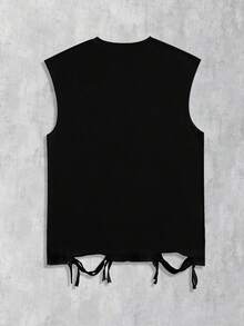 ROMWE MEN Street Life 朋克风格街头图案印花无袖圆领背心，饰有水钻和做旧细节，男士夏季 - 黑色 - 查看 2