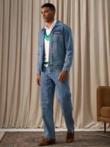 Manfinity Homme Men Street Style Washed Blue Denim Jacket & Jeans, Spring/Summer Western Business Casual Acid Washed Blue For Rave, Fall Clothes