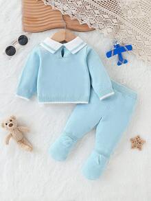 SHEIN Baby/Toddler Cute, Stylish British Style Versatile Autumn/Winter Sweater Top + Sweater Pants Knitted Suit Set, For Outings And Travel Fall - Baby Blue - View 2