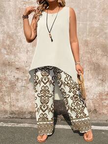 EMERY ROSE Bộ 2 món áo thun không tay cổ tròn viền cao, màu trơn dành cho nữ đi nghỉ mát cỡ lớn kèm quần ống rộng in hoa - Màu be - Xem 4