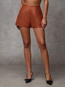 SHEIN BAE 女士复古勃艮第性感皮革 PU 迷你短裤，适合派对、万圣节、圣诞节、感恩节、性感美人鱼办公室穿着 - 鏽棕色 - 查看 6