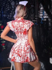 Fantasy Costume 2 件万圣节女式僵尸护士服装，红色和白色 - 紅白色 - 查看 2