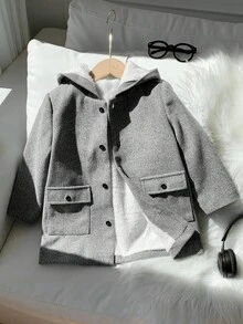 SHEIN 年轻男孩灰色保暖内衬休闲舒适百搭纯色加厚连帽夹克，适合冬季，学院风，英伦绅士复古 - 灰色 - 查看 8