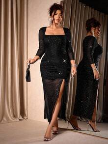 Cravure 大码女装秋季优雅弹力激光网布拼接褶裥开衩腰方领黑色连衣裙派对优雅晚礼服正式女装紧身连衣裙 - 黑色 - 查看 5