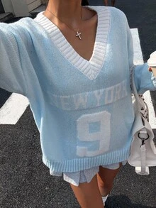 SHEIN Áo len chui đầu họa tiết khối màu cổ chữ V rộng rãi cho bé gái tuổi teen Áo len New York Áo nỉ Áo len màu pastel Áo len xanh Áo len cổ chữ V cho mùa thu/đông - Xanh và trắng - Xem 4