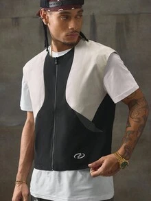 AXEPEAK 男士撞色拉链门襟宽松休闲背心，秋冬 - 黑與白 - 查看 5