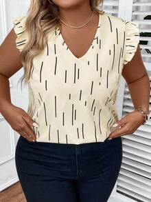 SHEIN LUNE Plus Size Women's Casual All-Over Print V-Neck Ruffle Armhole Loose Blouse, Summer - Apricot - View 4
