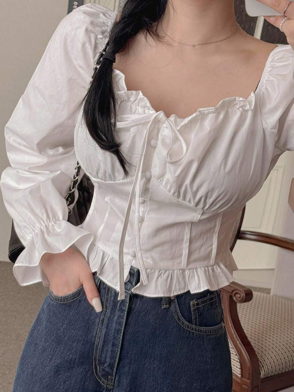 Sexy Square Neck Keyhole Puff Sleeve Cropped Top Women, Tie Front Solid Color Frill Trim Blouse Long Sleeve Top