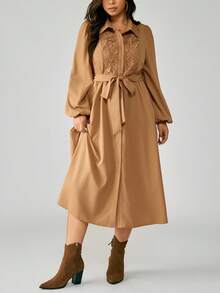 EMERY ROSE Plus Size Women Elegant Midi Dress With Cinched Waist, Bowknot, Bubble Sleeve, A-Line Skirt, Suitable For Date And Daily Wear Fall Cloth For Women, Country - Khaki - View 4