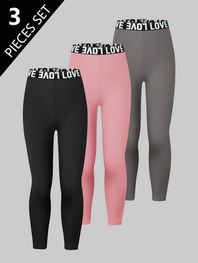 3pcs Girls Text Waistband Black Stylish Comfortable Sports Leggings Chic Outfits For Autumn/Winter Girls Leggings Fall