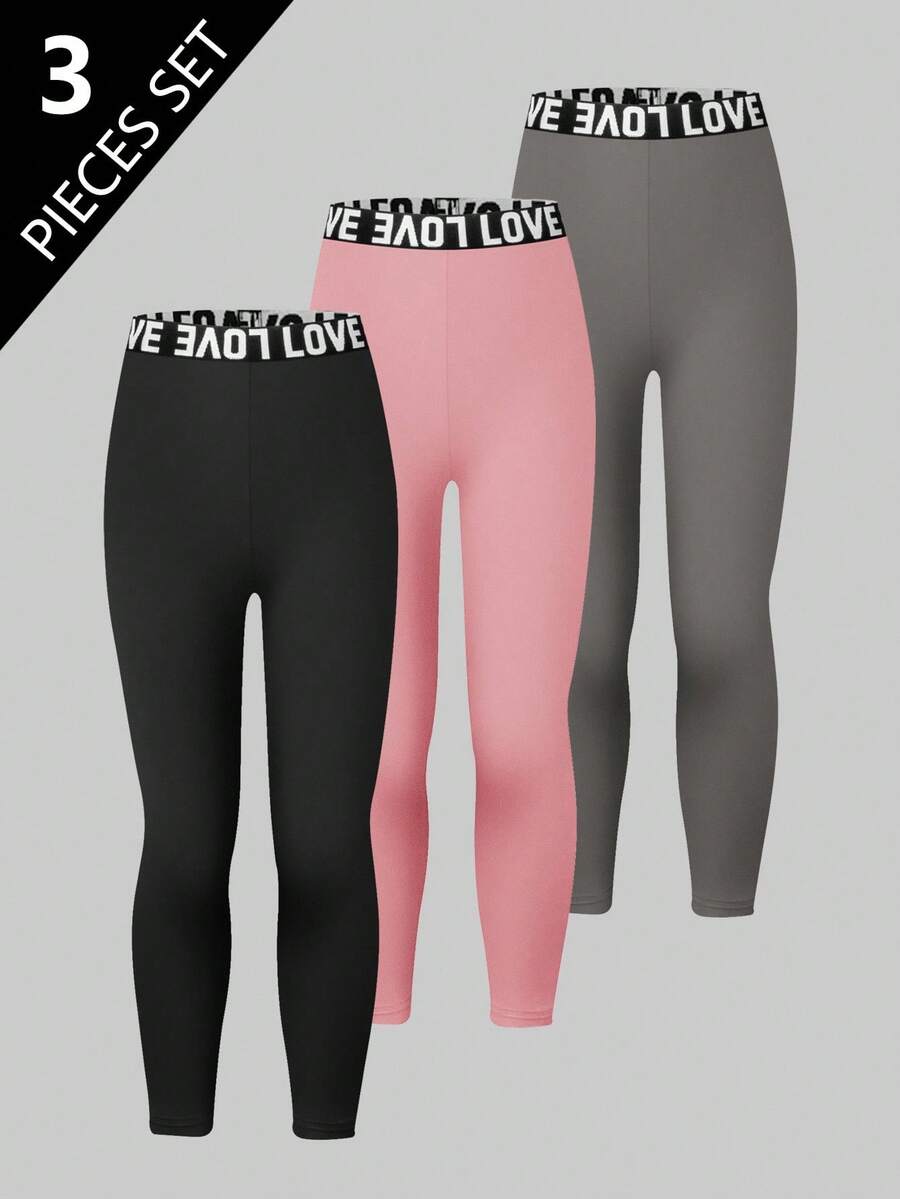 3 chiếc quần legging thể thao thoải mái, cạp chun in chữ, kiểu dáng thời trang cho bé gái, thích hợp cho mùa thu/đông. - Nhiều màu - Xem 1
