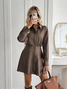 Easowa Women's Casual Commuter Striped Mini Dress Brown Striped Dress Long Sleeve Shirt Dress Striped Shirt Dress Coffee Brown Dress Brown Mini Dress Winter Dresses For Women Elegant Party Dresses   Brown Dress Formal Women's Clothes