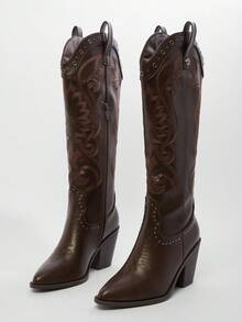 Solezae Women's Glamorous Western Style Pointed Toe Chunky Heel Embroidered Knee-High Boots With Inner Zipper Valentine's Day - Brown - View 5