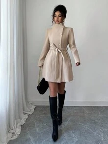 Elenzga Women's Stand Collar Single-Breasted Cinched Waist Waist Mid-Length Overcoat - Khaki - View 3