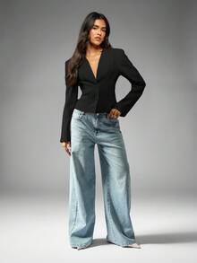 MISSGUIDED Elegant Professional Collarless Cropped Blazer Slim Fit Office Wear Business Casual Work Wear Winter Fall Jacket With Structured Shoulders Double Button Closure - Black - View 3