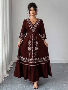 Elenzga Christmas Plus Size Women Placement Print Beach Dress, Bohemian Style - Burgundy - View 6