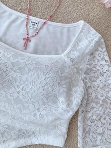 女童白色蕾丝领T恤和褶皱裙套装，下午茶装，白色度假套装，蕾丝套装，秋冬长袖度假套装 - 白色 - 查看 4