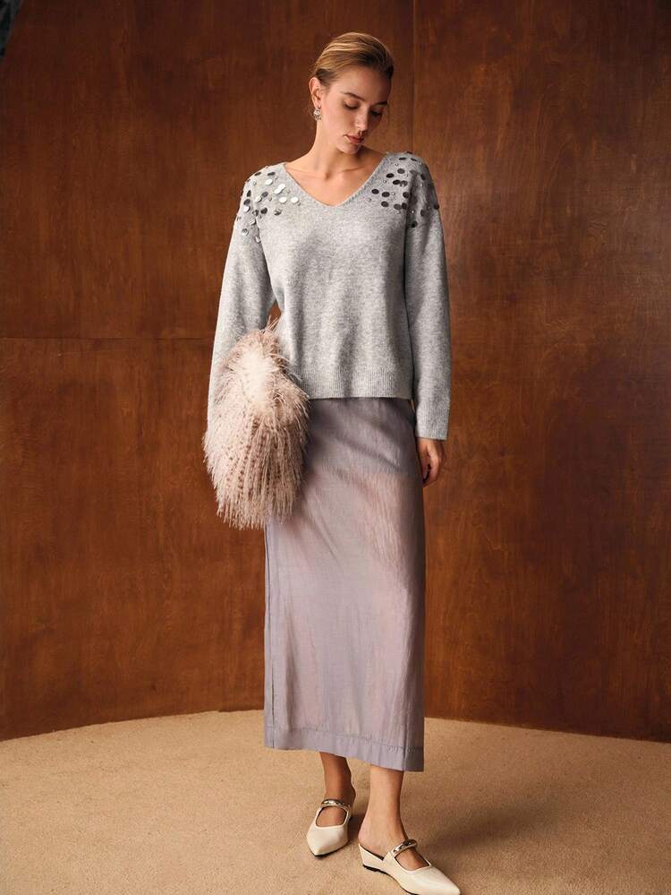 CONTRAST SEQUINS V-NECK SOLID DROP SHOULDER OVERSIZE SWEATER