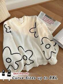 SHEIN CURVE+ Plus Size Women Floral Print Pattern Round Neck Pullover Sweater, New Autumn/Winter Collection/Autumn /Winter - Black and White - View 1