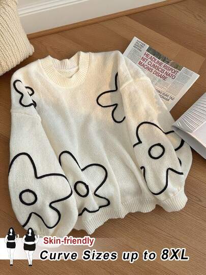 SHEIN CURVE+ 大码女式花卉印花圆领套头毛衣，全新秋冬系列/秋冬