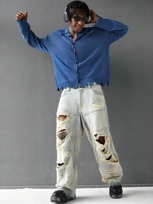 Claim Dot Men's Casual Versatile Solid Color Distressed Cardigan Men Blue Cardigan - Dusty Blue - View 5