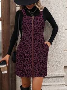 EMERY ROSE Gaun Kasual Wanita Motif Leopard Musim Gugur dengan Resleting, Kerah, dan Saku, Dilengkapi Tali Bahu. - Burgundy - View 6