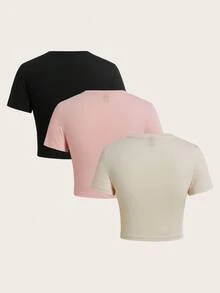 SHEIN EZwear 3 件套女式圆领短袖修身 T 恤，适合夏季外出，黑色、粉色和奶油黄色，95% 纯棉，复古，可爱的夏季上衣，柔软女孩，夏季外出单品，居家，返校，秋季女装，百搭，俱乐部，派对 - 彩色 - 查看 2