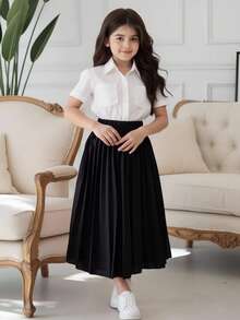 女童百搭優雅百褶A字裙，秋季服飾，適合休閒、校園、上班、派對、日常穿著、度假、夏季 - 黑色 - 查看 7