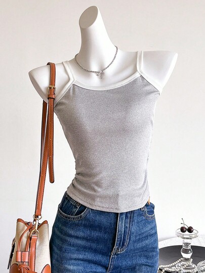 Teen Girl Casual All-Match Versatile Sleeveless Top, Snug-Fitting Contrast Color Knit Camisole, Sky Blue/Baby Blue, Suitable For Outings, Vacation, School, Spring/Summer