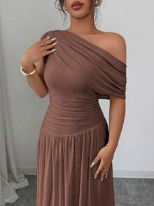 Selianne Váy dài kiểu Pháp thanh lịch màu trơn dành cho nữ, váy dài dệt kim xếp ly bất đối xứng, đầm dạ hội sang trọng - màu nâu - Xem 5