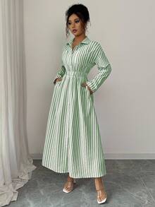 Elenzga Women's Casual Striped Self-Tie Waist Button Front Shirt Dress, Autumn Maxi Women Outfit - Green - View 6