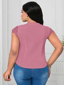 SHEIN Clasi Áo cánh vải họa tiết ren tương phản cổ chữ V cỡ lớn - Hồng - Xem 2