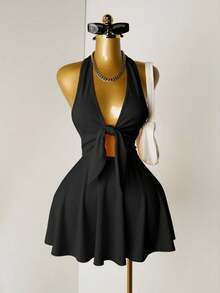Mistrie Women's Solid Color Front Knot Deep V Sexy Halter Dress - Black - View 3