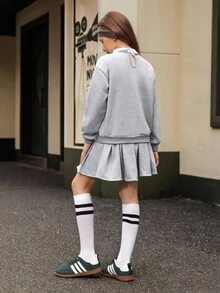 Hanevo 2pcs/Set Tween Girl American College Style Collared Shirt With English Letter Print & Pleated Skirt, Casual Sweatshirt Set - Light Grey - View 2
