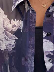 SHEIN Clasi 大码优雅复古七分袖长款花卉印花雪纺衬衫