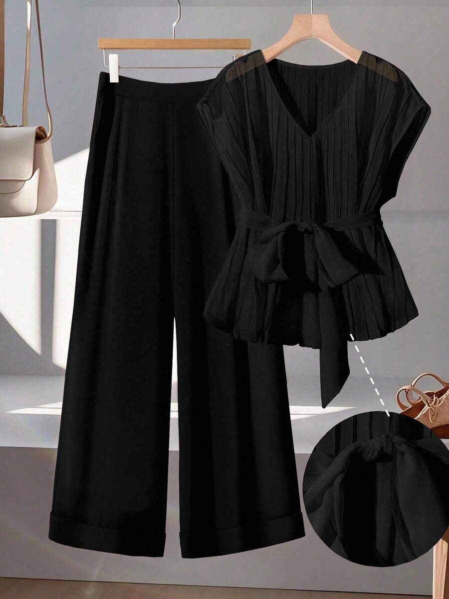 SHEIN Clasi 3 件套大码女士优雅雪纺蝴蝶结腰衬衫和休闲办公室阔腿裤商务休闲装 - 黑色 - 查看 1