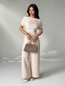 SHEIN PETITE Women's Summer New Arrival Simple Elegant Daily Casual Linen Commuter Wide Collar Off Shoulder Blouse And Wide Leg Pants Suit - Apricot - View 7