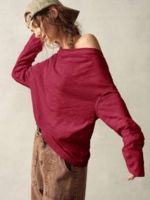 Bohemela Lässiges Große Größen-Langarm-T-Shirt mit asymmetrischem Kragen in Große Größen - Bordeaux - Übersicht 8