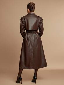 Silquee Women's Coffee Brown Casual Long Sleeve Button Collar Long Trench Coat High Quality Lined Trench Coat Autumn And Winter Women's Halloween Custom Women's Cat Women's Casual Lapel Button PU Coat, Autumn And Winter Imitation Fur Coat, Autumn And Winter Women's Solid Color Winter Fashion PU Coat Jacket Women Christmas, Thanksgiving Suitable For Going Out For Commuting Or Party And Other Occasions,Fall,Brown Jacket - Coffee Brown - View 2