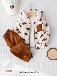 Cozy Pixies 2pcs Baby Boy Cartoon Dinosaur Pattern Contrast Color Hooded Sweatshirt And Elastic Waist Pants Set Fall Winter - Multicolor - View 6