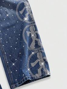 ROMWE MEN Street Life Men's Rhinestone Patchwork Contrast Color Denim Jeans - Blue - View 10