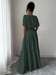 Elenzga Bộ 2 áo crop top tay bồng lãng mạn thanh lịch và chân váy chữ A cho nữ - Màu xanh lá cây đậm - Xem 2