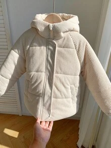 SHEIN 幼儿休闲长袖连帽夹克，带有可爱的 3D 耳朵设计，毛绒绒面料，秋冬女童服装