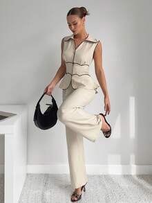 Siren Gaze Women's Summer Casual/Office Contrast Piping Sleeveless Fitted Vest And Loose Straight Leg Suit Pants Set In Fall/Winter Elegant - Apricot - View 3